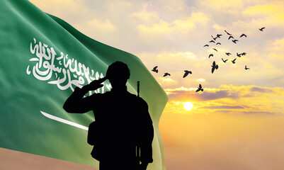 Silhouette of a soldier with the Saudi Arabia flag stands against the background of a sunset or...