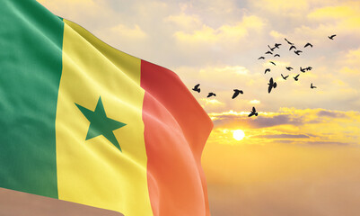 Waving flag of Senegal against the background of a sunset or sunrise. Senegal flag for Independence Day. The symbol of the state on wavy fabric. - obrazy, fototapety, plakaty