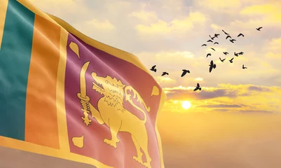 Foto op Aluminium Waving flag of Sri Lanka against the background of a sunset or sunrise. Sri Lanka flag for Independence Day. The symbol of the state on wavy fabric. ©  minionionniloy