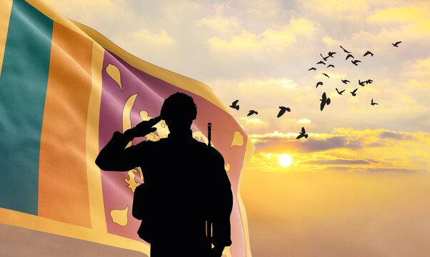 Silhouette of a soldier with the Sri Lanka flag stands against the background of a sunset or sunrise. Concept of national holidays. Commemoration Day.