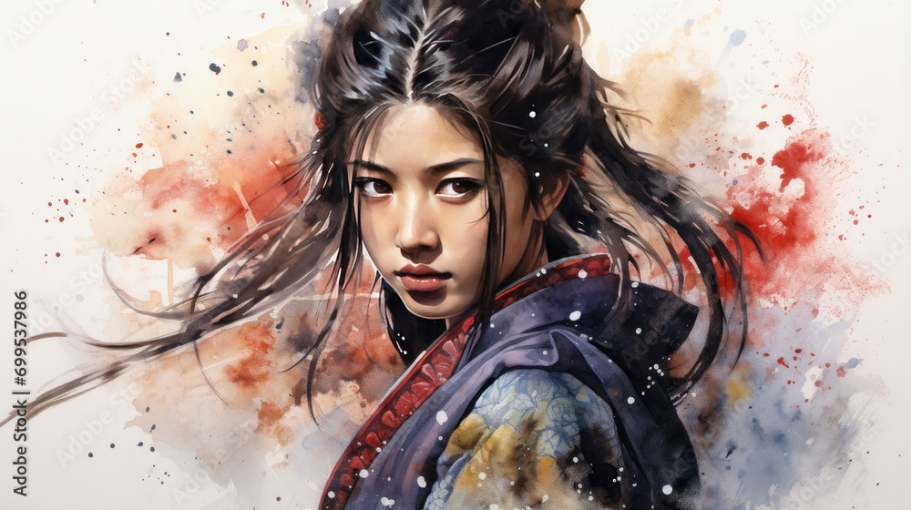 Sticker Watercolor painting of a Japanese samurai girl warrior