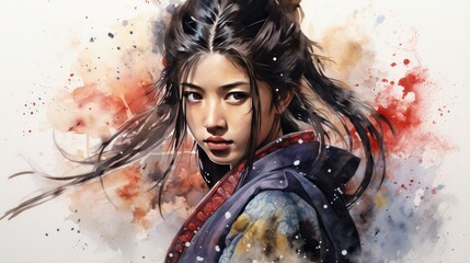 Watercolor painting of a Japanese samurai girl warrior