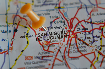 map of san miguel de tucuman marked with a push pin