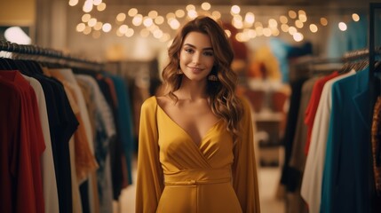 Young beautiful woman trying on outfits in a chic boutique