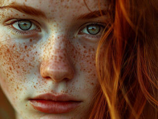 Close-up portrait of a red-haired, freckled young girl