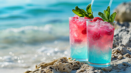 Holiday banner: two cocktail glasses on beach. Travel vacation on beach bar.  Summer drinks with blur beach background with copy space  Alcohol cocktails with ocean view,  nightlife at club..
