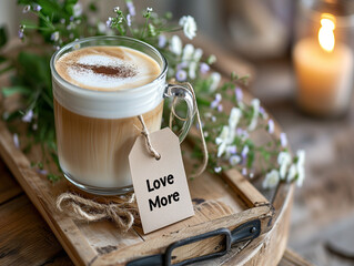 "Love More": Coffee or Latte in a Glass Cup on a Wooden Tray. Paper Tag with the motivational quote "Love More." Free happiness. Candle light with Chai Latte. Stress Management.