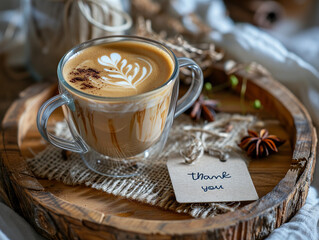 "Thank you": Coffee or Latte in a Glass Cup on a Wooden Tray. Paper Tag with the motivational quote "Thank you." Free happiness. Candle light with Chai Latte. Gratitude..