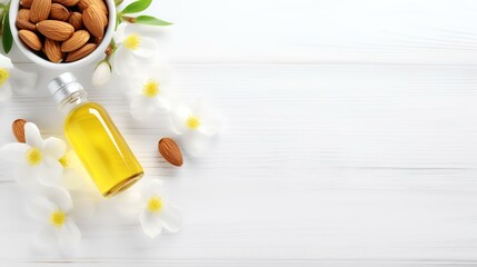 Essential oil in bottle with almonds and flowers on white wooden background