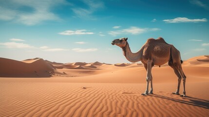 Camel stands against the backdrop of the endless desert