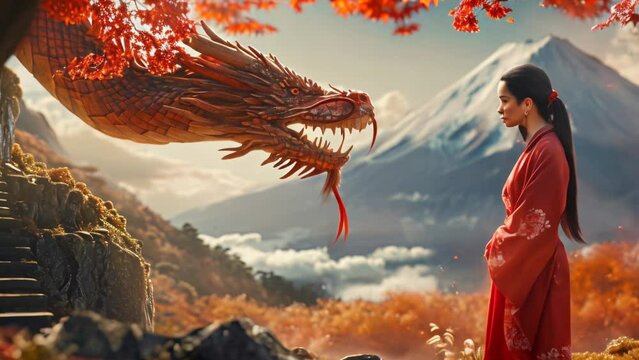 Eastern style geisha looking at red dragon creature with a huge mountain in the background