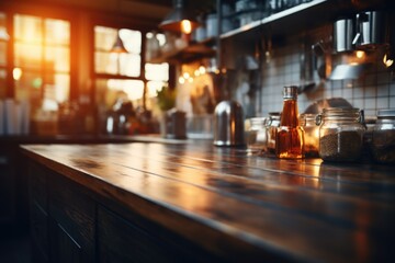 A warm and inviting kitchen space illuminated by natural light with wooden counters and fresh ingredients. Keywords: