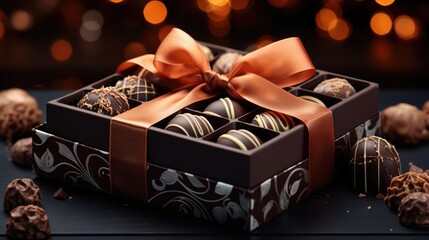 : An assortment of gourmet chocolate pralines in a gift box with a golden bow.