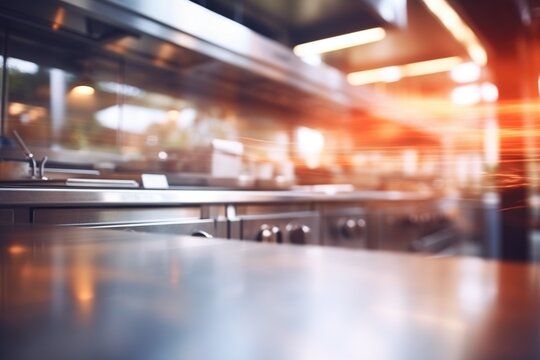 A blurred background of a professional kitchen creating a dynamic and busy atmosphere.
