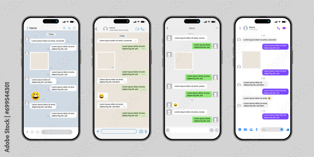 Poster instant messaging mobile app templates with chatting screen on smart phone. sms chat composer. smart