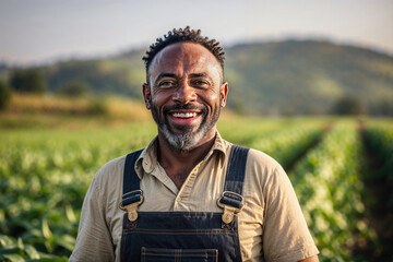 Middle aged man of African ethnicity smiling on a farm, agricultural field background, organic.
