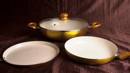 Pots and pans. Set of cooking kitchen utensils and cookware.