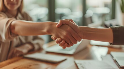 Obraz premium a woman shakes hands with an employer at a desk, ready to give an offer. generative AI