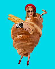 Stylish young girl in red beret with croissant and baguette. French cuisine ad. Contemporary art collage. Concept of pop art, food services, fashion, travelling, culture. Poster, ad