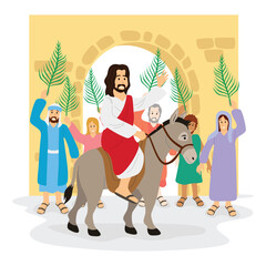 Fototapeta premium Jesus Christ enters the gates of the city of Jerusalem and is greeted by residents with a procession of palm leaves, illustration of Palm Sunday during Easter