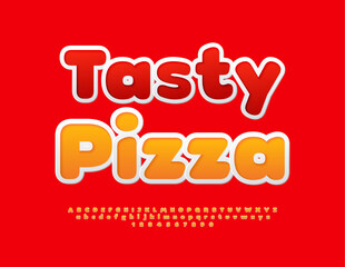 Vector bright advertisement Tasty Pizza. Sticker style Font. Set of Creative Alphabet Letters, Numbers and Symbols.