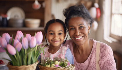Heartwarming portrait of a grandmother and granddaughter with a basket of tulips, sharing a smile.