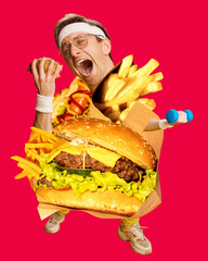 Making choice for health. Young man training, refusing eating burgers, junk unhealthy food....