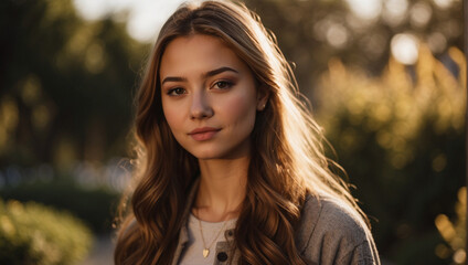 Obraz premium Portrait of a beautiful young woman at sunset in a park