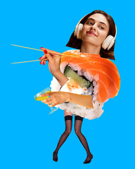 Cheerful young girl eating sushi and listening to music. Asian culture, date night. Contemporary art collage. Cover for sushi restaurant flyer. Concept of pop art, food services. Poster, ad