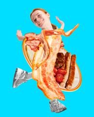 English breakfast. Young happy smiling woman in bacon, sausage, eggs and mushroom cover. Contemporary art collage. Concept of pop art, catering, healthy eating, food services. Poster, ad