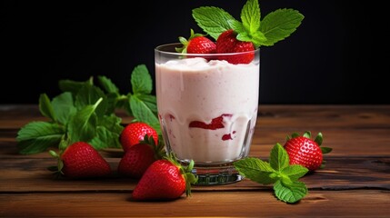 Strawberry smoothie or milkshake with strawberries and mint in a glass