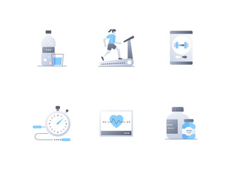 Healthy lifestyle and sports - flat design style icons set. High quality colorful images of protein shake, treadmill, strength training app, jump rope and stopwatch, heart rate and vitamins idea