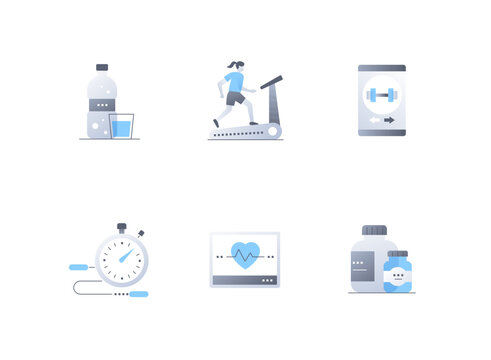 Healthy lifestyle and sports - flat design style icons set. High quality colorful images of protein shake, treadmill, strength training app, jump rope and stopwatch, heart rate and vitamins idea