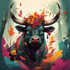 Colorful bull head forest motif