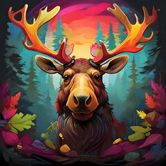 Colorful moose head forest motif
