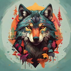 Colorful wolf head forest motif