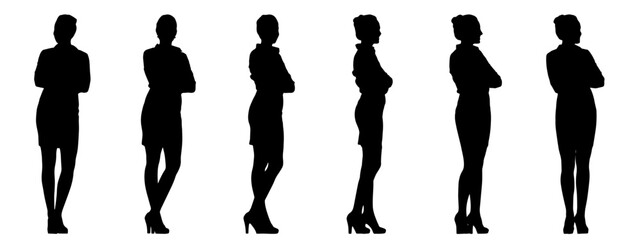 Vector concept conceptual black silhouette of a businesswoman from different perspectives isolated on white background. A metaphor for success, education, business, confidence, leadership and vision
