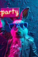 easter bunny in night club, wearing sunglasses and human clothes, standing in neon light next to a board with the word "party". Easter celebration concept. Generative AI
