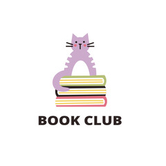Vector modern illustration. Book club design with cute cat sitting on pile of books.