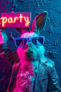 easter bunny in night club, wearing sunglasses and human clothes, standing in neon light next to a board with the word "party". Easter celebration concept. Generative AI