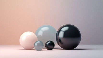 3D black and pink spheres of different sizes and transparency. Pastel colour palette. Abstract background. Generative AI