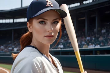 Fotobehang Portrait of a red hair white female in baseball player uniform, generative AI, background image © Hifzhan Graphics