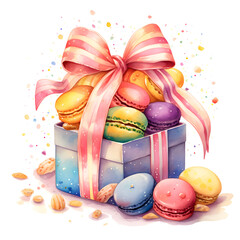 Watercolor painting of macarons and a gift box.