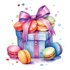 Watercolor painting of macarons and a gift box.