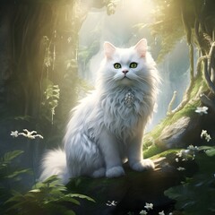 Naklejka na ściany i meble white cat in the forest garden