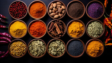 A bird's eye view of a fragrant spice emporium, displaying an assortment of vivid spices.