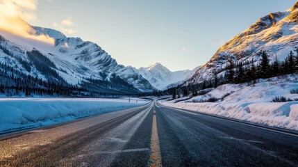 road in the middle of snowy mountains beautiful landscape