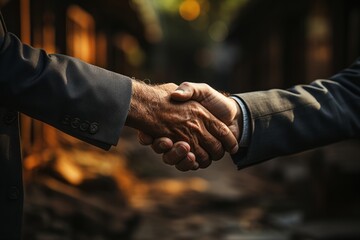Dedicated real estate agent and an appreciative customer marking home insurance contract with a sincere handshake, Generative AI - obrazy, fototapety, plakaty