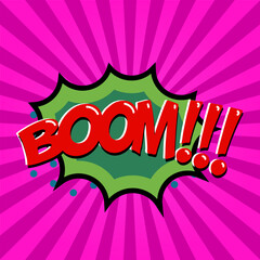 Boom! Comic style phrase on background with explosion. Design element for poster, t-shirt. Vector illustration.