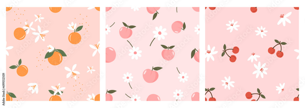 Wall mural Seamless pattern with orange, peach, cherry and cute flower on pink backgrounds vector. Cute fruit print.